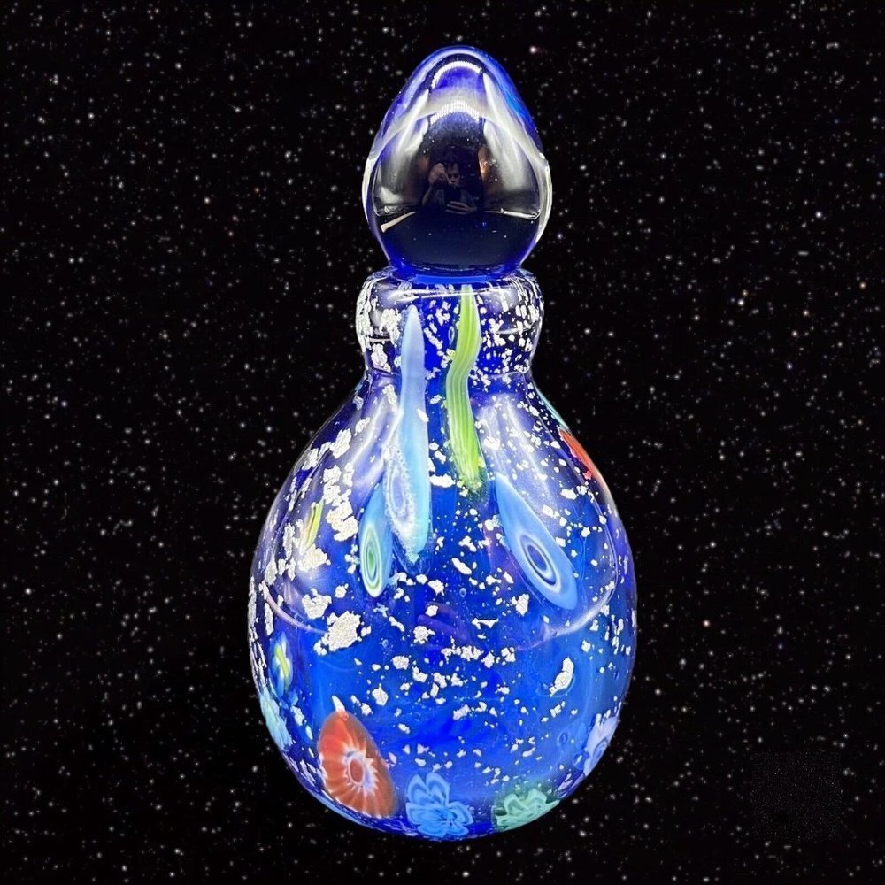 Murano Art‎ Glass Perfume Bottle Cobalt Blue Silver Flecks Large Millefiori Vtg